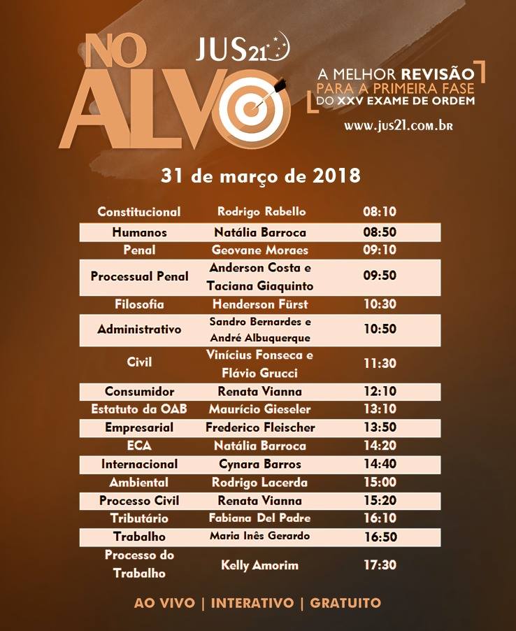 Vai começar o NO ALVO! Uma super revisão para a prova do XXV Exame de Ordem! Vai começar o NO ALVO! Uma super revisão para a prova do XXV Exame de Ordem!