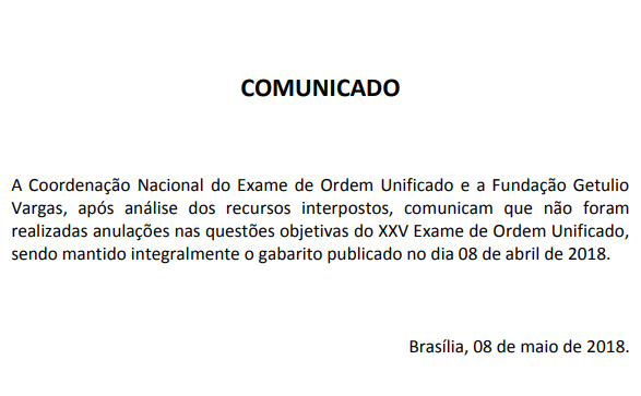 Comunicado oficial da OAB sobre o resultado da 1 fase do XXV Exame de Ordem