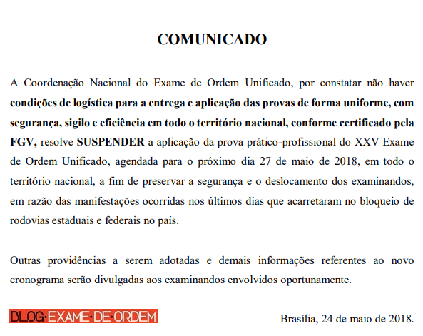 OAB suspende 2ª fase do XXV Exame de Ordem OAB suspende 2ª fase do XXV Exame de Ordem