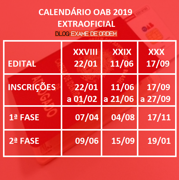 Calendário OAB 2019 - Datas extraoficiais do Exame de Ordem Calendário OAB 2019 - Datas extraoficiais do Exame de Ordem