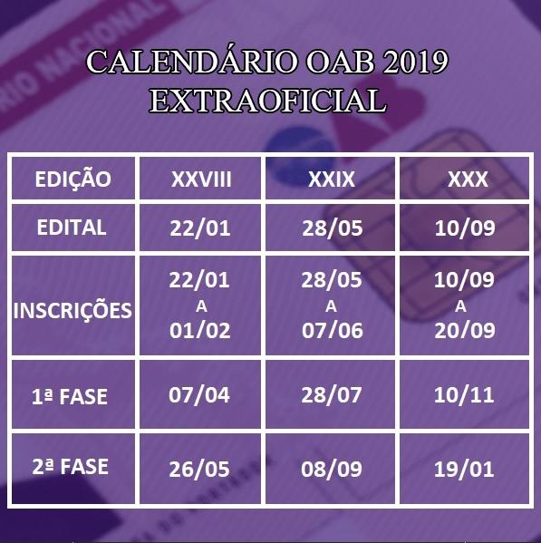 Calendário 2019 da OAB - Datas extraoficiais do Exame de Ordem Calendário 2019 da OAB - Datas extraoficiais do Exame de Ordem