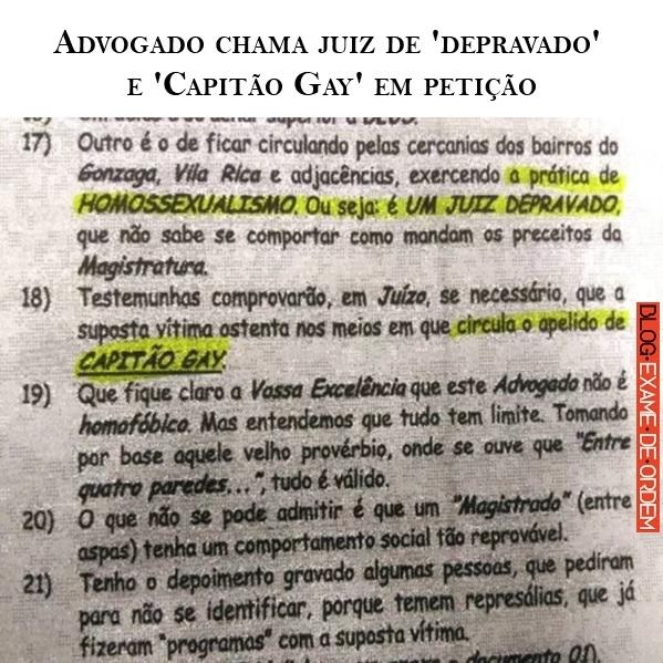 Advogado chama juiz de 'depravado' e 'Capito Gay' em petio