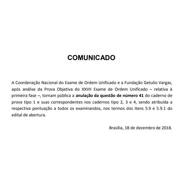 Comunicado oficial da FGV: Anulada apenas 1 questão Comunicado oficial da FGV: Anulada apenas 1 questão