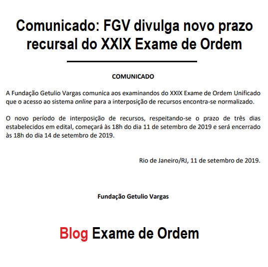 Comunicado: FGV divulga novo prazo recursal do XXIX Exame de Ordem
