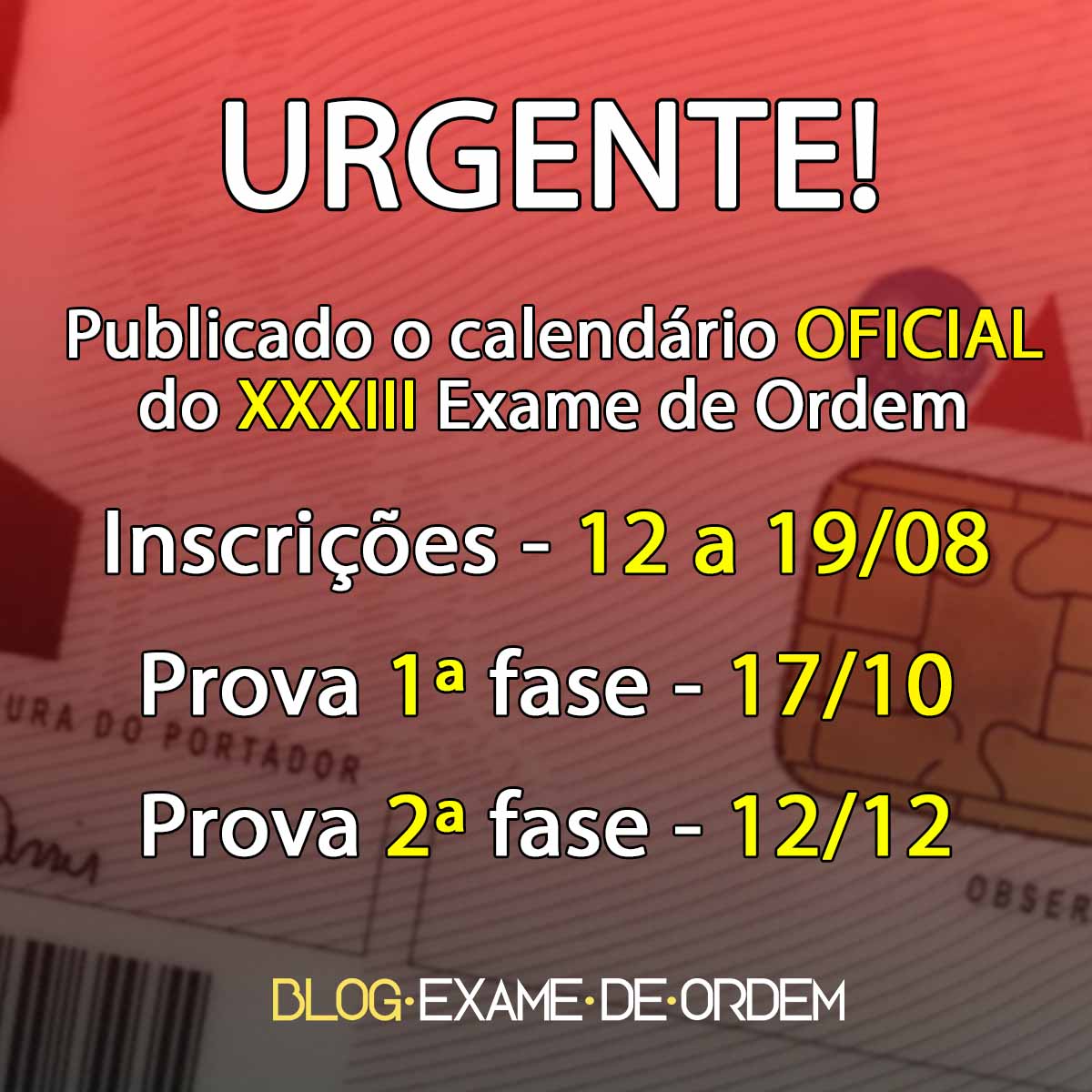 Urgente: OAB publica calendrio oficial do XXXIII Exame de Ordem