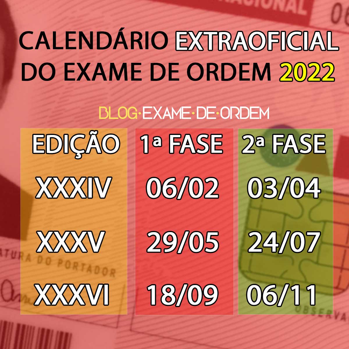 Calendrio extraoficial! Projeo das datas do Exame de Ordem 2022