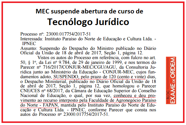 MEC suspende abertura de curso de Tecnlogo Jurdico j autorizado