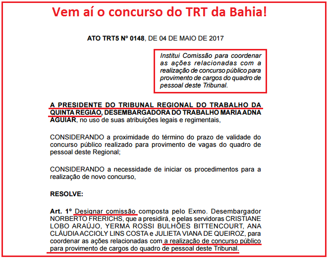 Vem a o concurso do TRT da Bahia!
