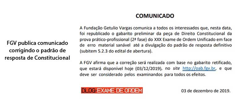 FGV publica comunicado corrigindo o padro de resposta de Constitucional